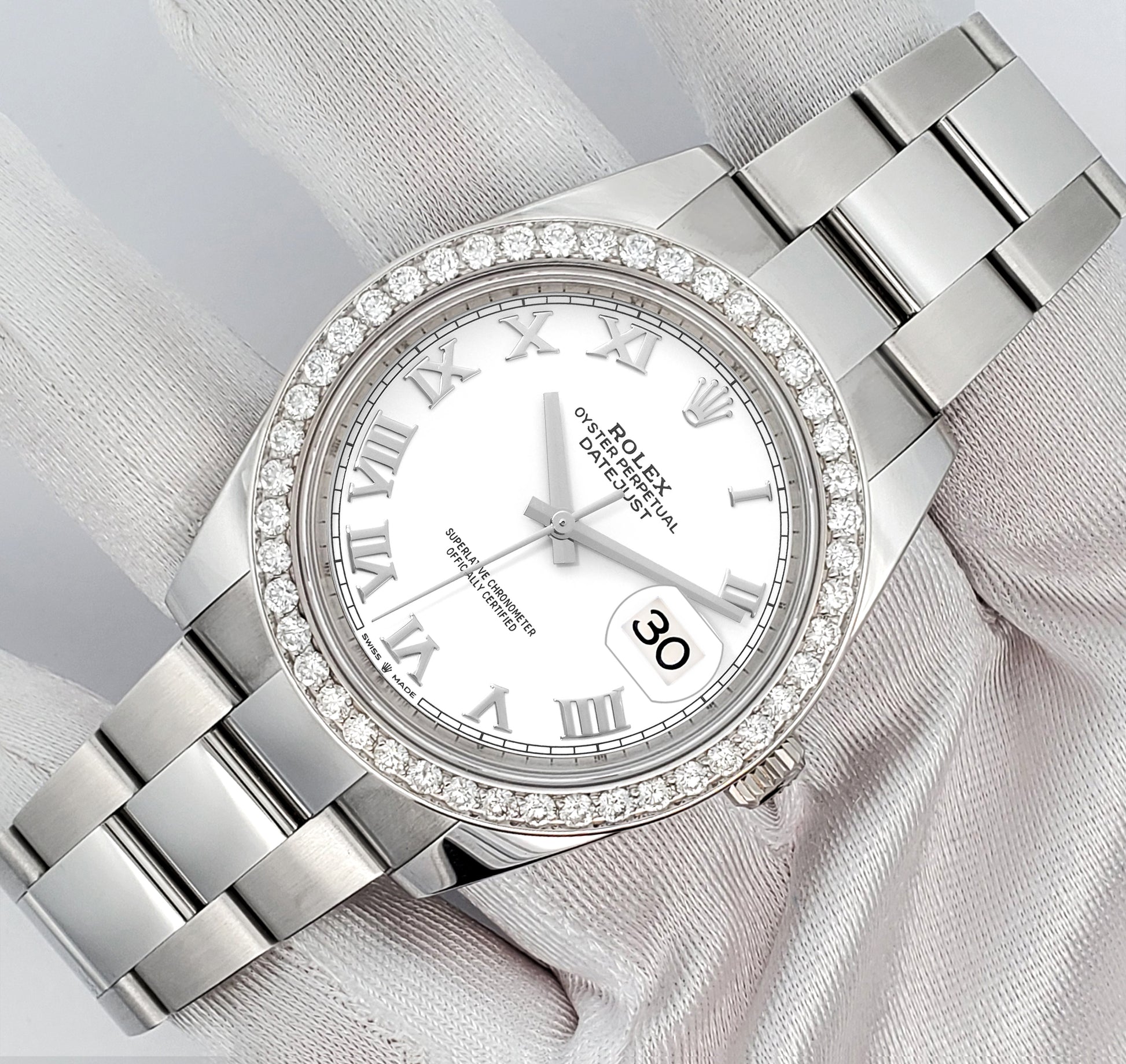 Rolex Datejust 41 126300 White Roman 2.4CT Diamond Bezel Steel Oyster Watch Box Papers