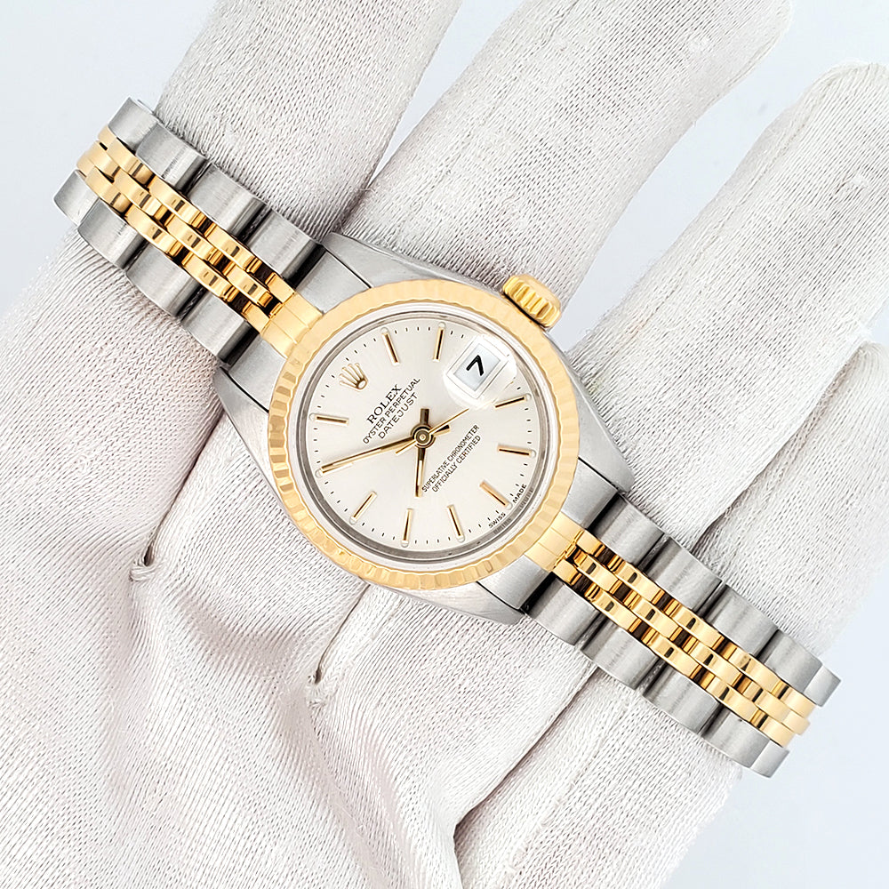 2000 Rolex Datejust 26mm 79173 Silver Index Dial Yellow Gold Fluted Bezel Jubilee Watch