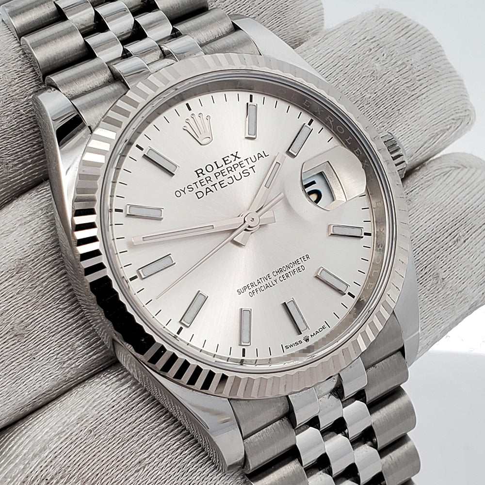 2023 Rolex Datejust 36mm Silver Index Fluted White Gold/Steel Jubilee Watch 126234 Box Papers