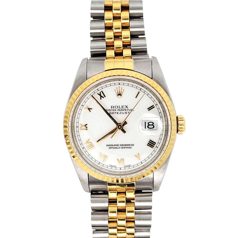 Rolex Datejust 36mm White Roman 2-Tone Yellow Gold/Steel Jubilee Watch 16233