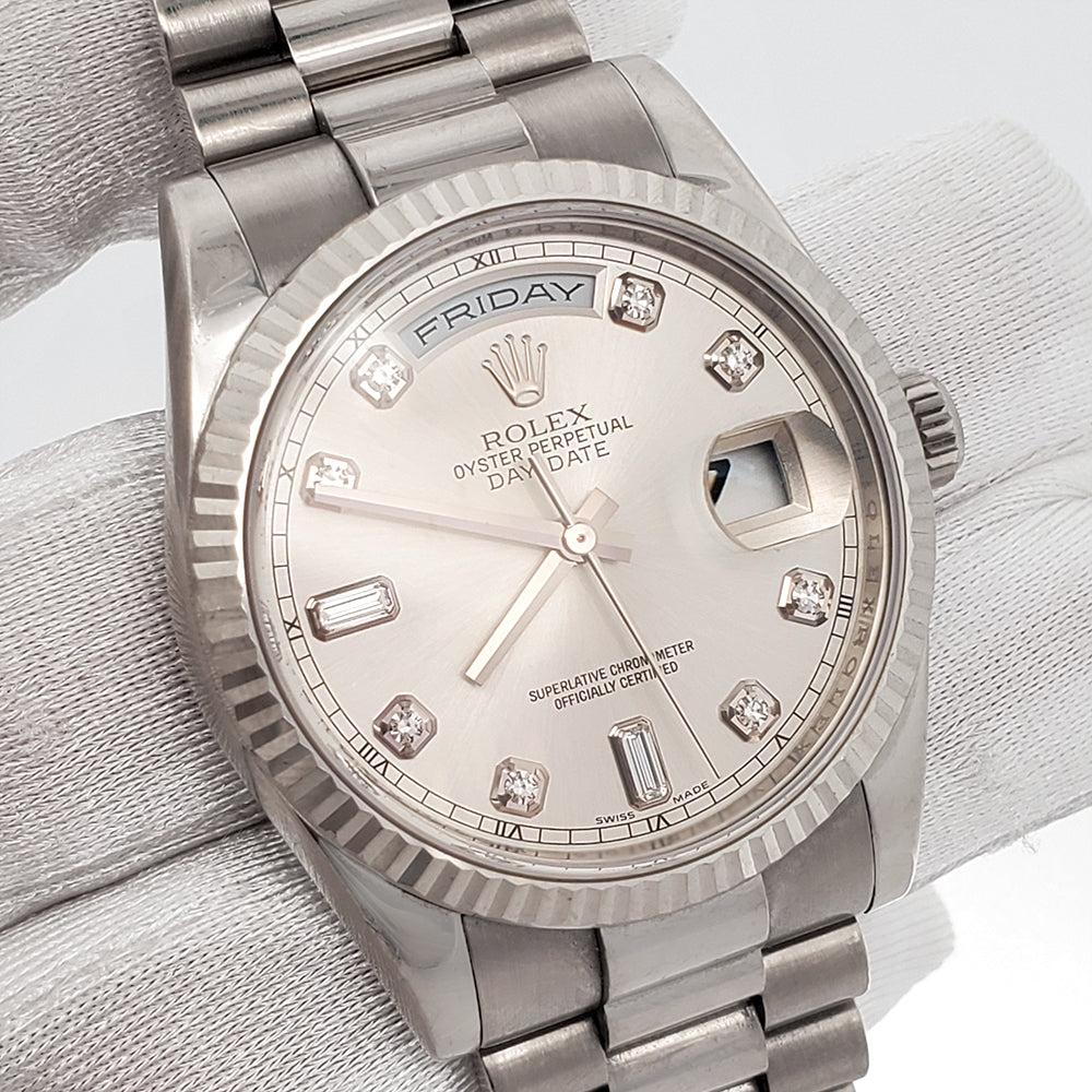 Rolex President Day-Date 36mm 118239 Factory Silver Diamond Dial White Gold Watch Box Papers