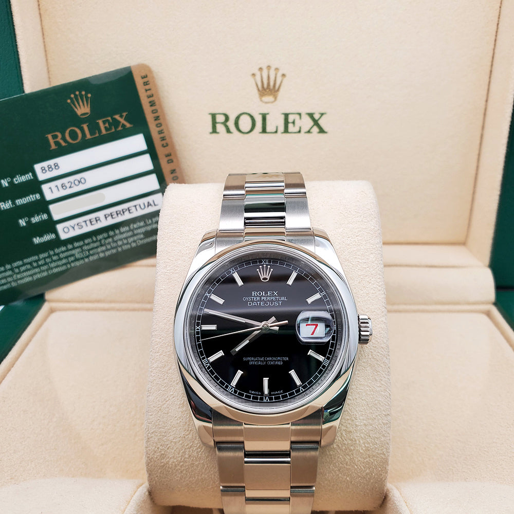 Rolex Datejust 36mm Black Index Dial Steel Oyster Watch 116200 Box Papers