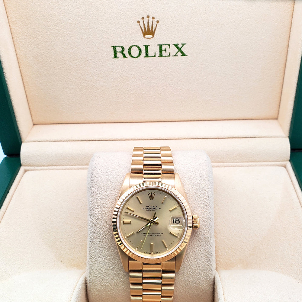 Rolex President Datejust 31mm Champagne Index Dial Yellow Gold Watch 68278