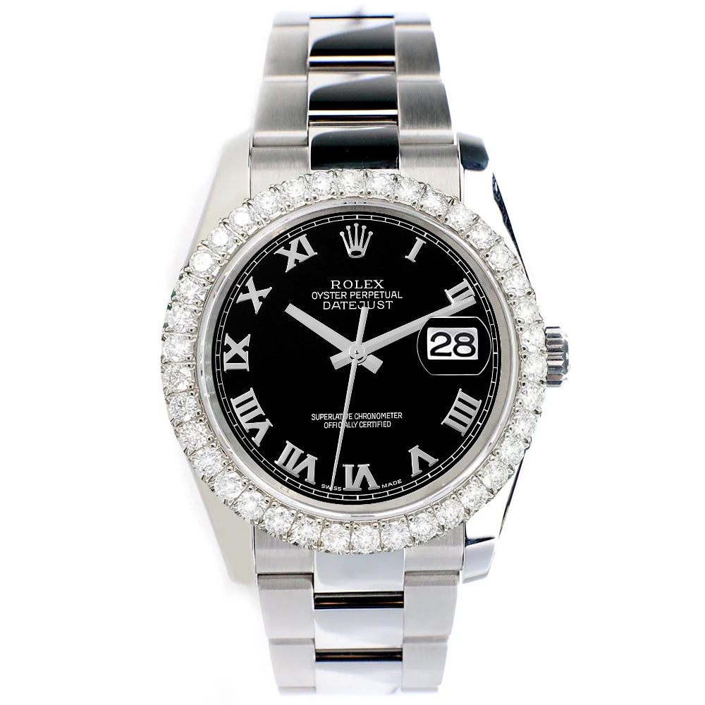 Rolex Datejust 116200 36mm 2.7ct Diamond Bezel/Black Roman Dial Steel Oyster Watch