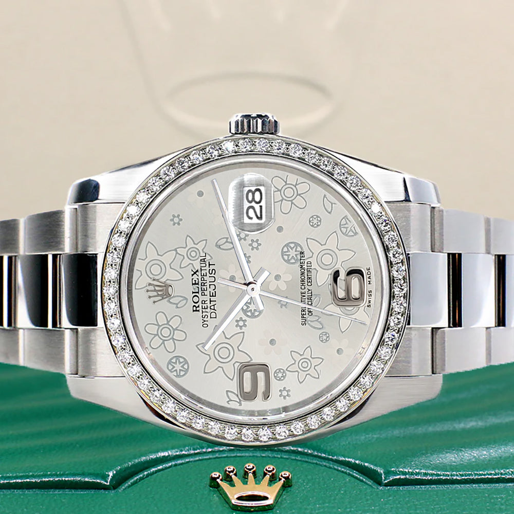 Rolex Datejust 36mm Silver Floral Dial Oyster Watch with custom VS1 Diamond Bezel 116200