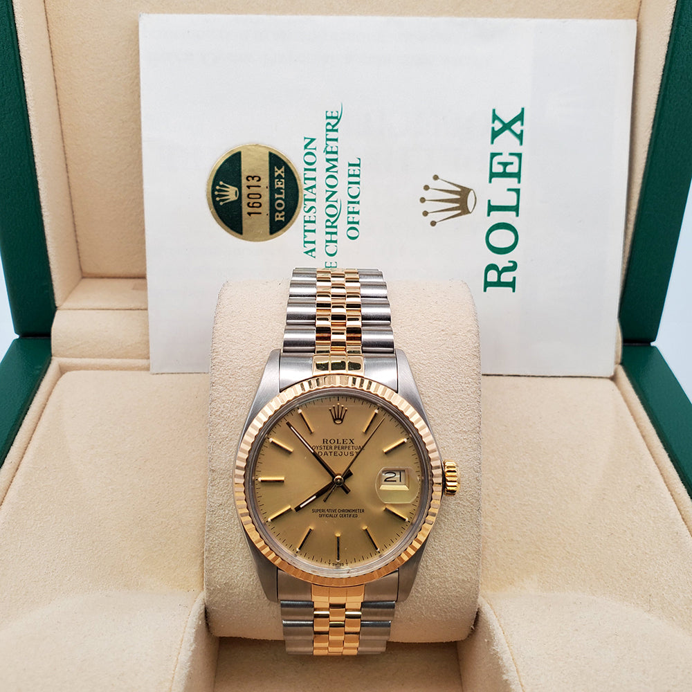Rolex Datejust 36mm Champagne Stick Dial Yellow Gold/Stainless Steel Watch 16013 Box Papers
