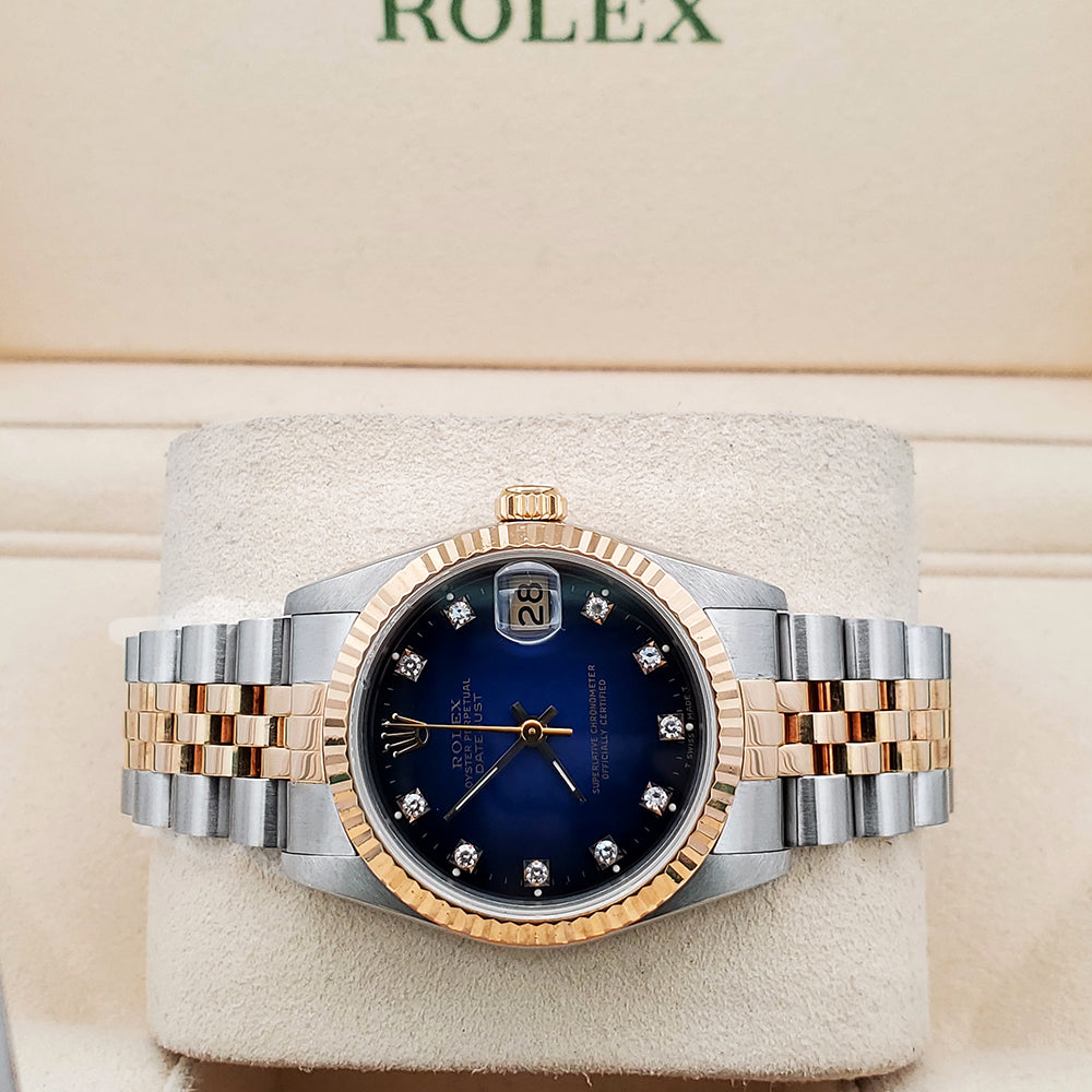 Rolex Datejust 2-Tone 31mm Factory Blue Vignette Diamond Dial Yellow Gold/Steel Watch 68273