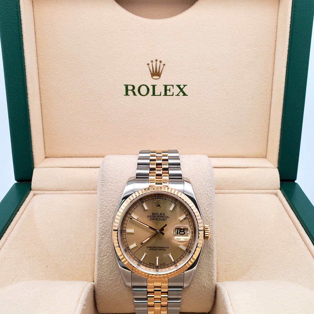 Rolex Datejust 36mm 2-Tone Yellow Gold/Steel Champagne Index Dial Watch 116233