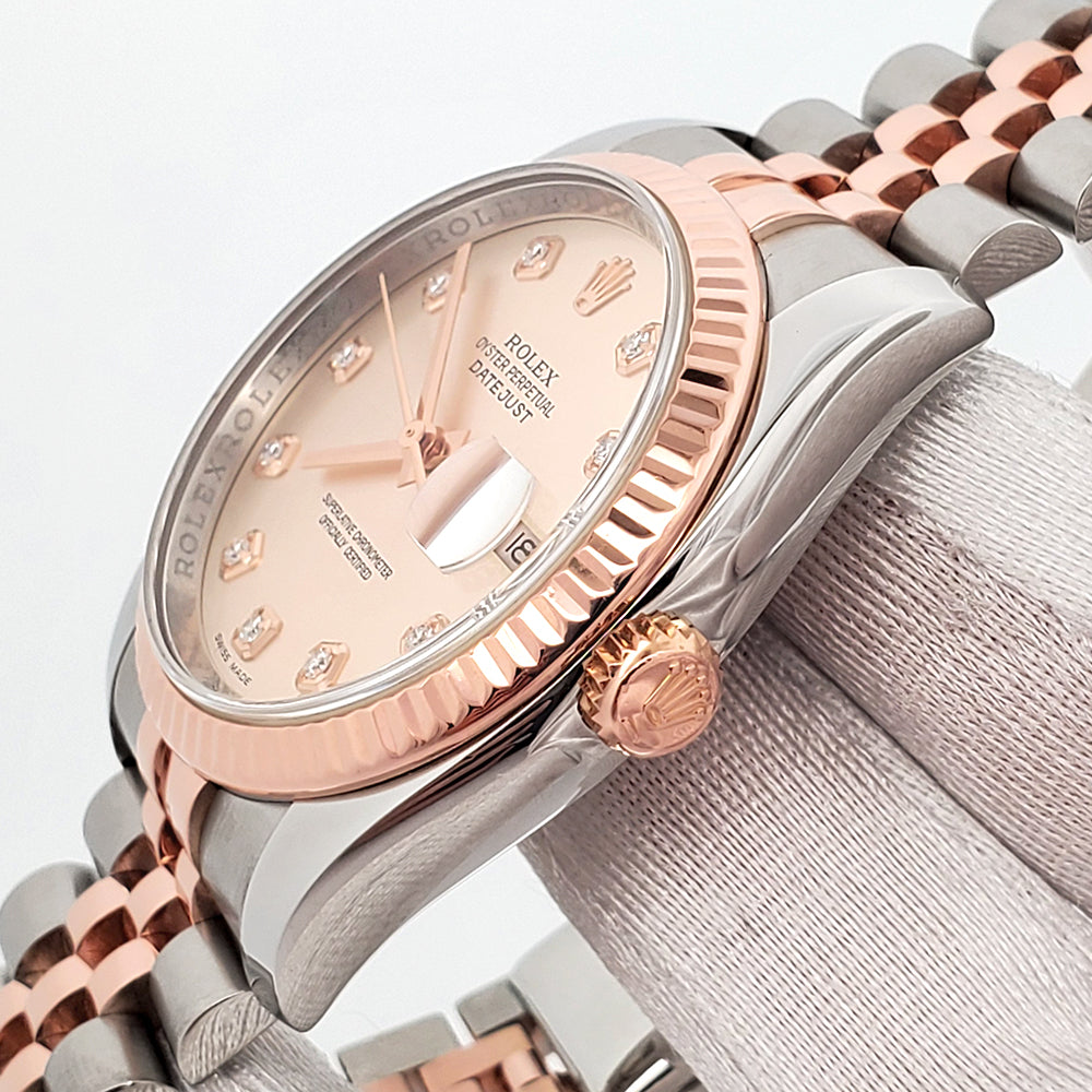 Rolex Datejust 36mm 116231 Factory Pink Diamond Dial 2-Tone Rose Gold Fluted Jubilee Watch Box/Papers/Tag