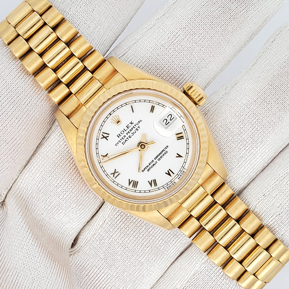 Rolex President Ladies Datejust 26mm White Roman Yellow Gold Watch 69178