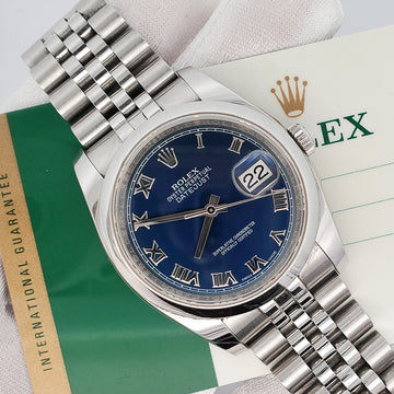 Rolex Datejust 36mm Blue Roman Dial Jubilee Steel Watch 116200 Box Papers