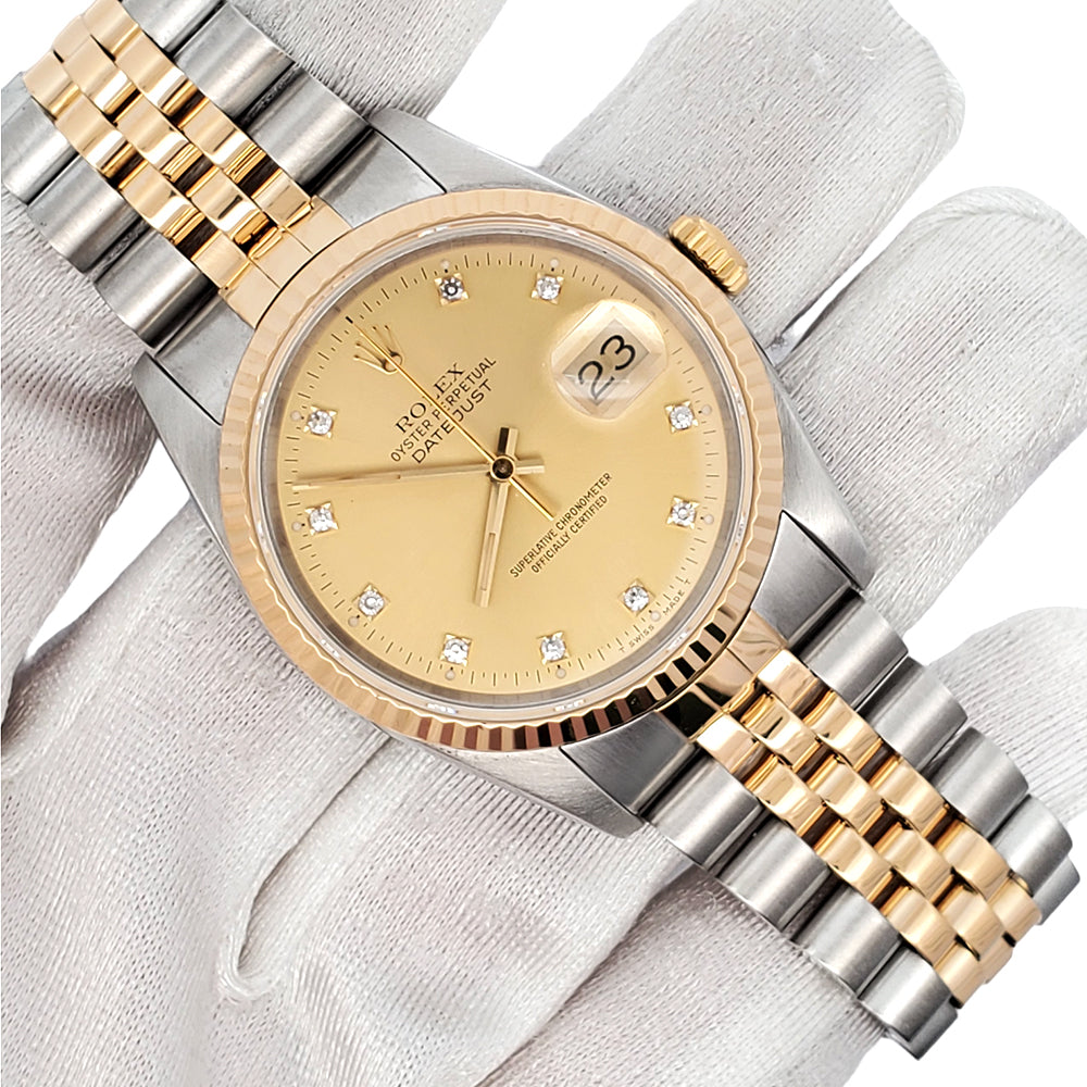 Rolex Datejust 36mm 16233 Factory Champagne Diamond Dial Yellow Gold/Steel Watch
