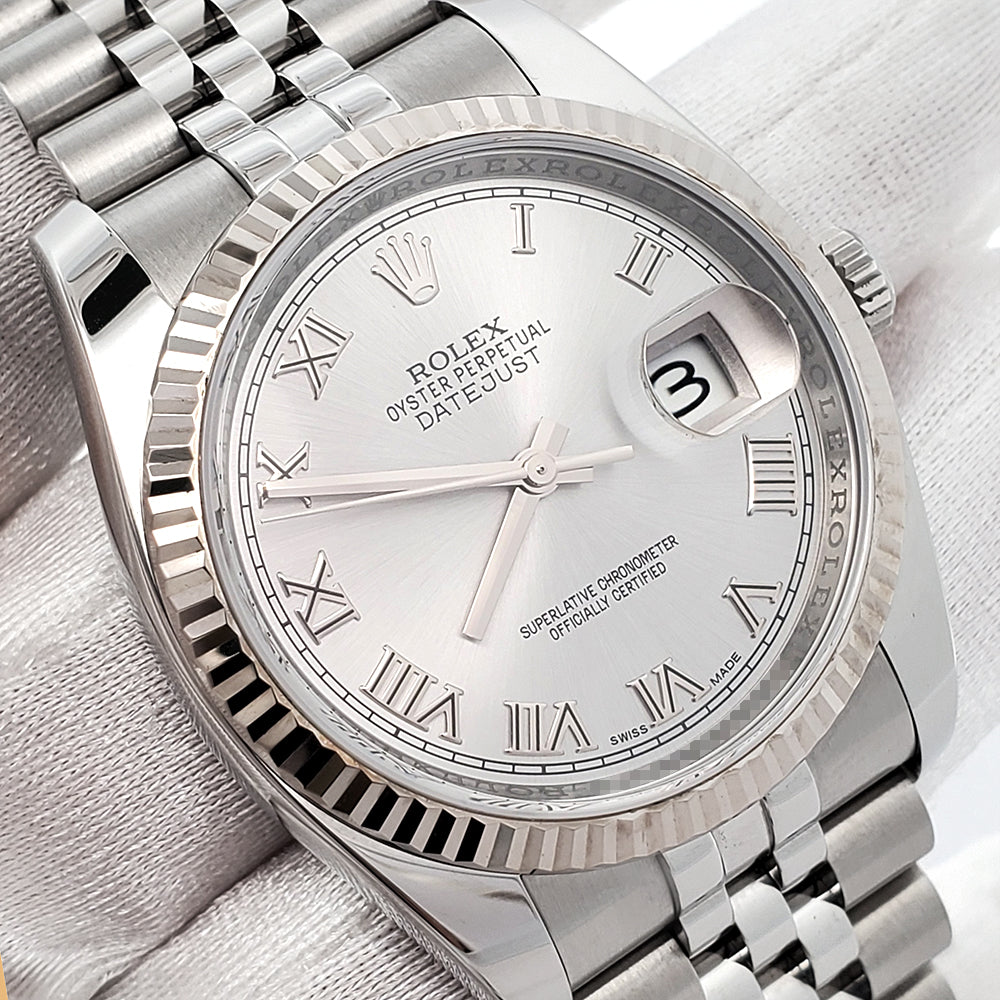 Rolex Datejust 36mm Silver Roman White Gold Fluted Bezel Steel Jubilee Watch 116234 Box Papers