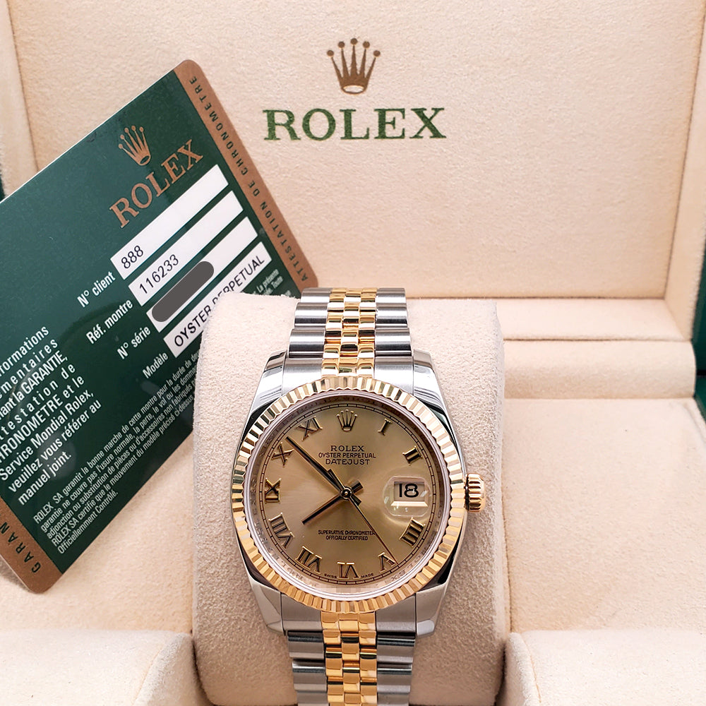 Rolex Datejust 36mm 116233 2-Tone Champagne Roman Dial Jubilee Watch Box Papers