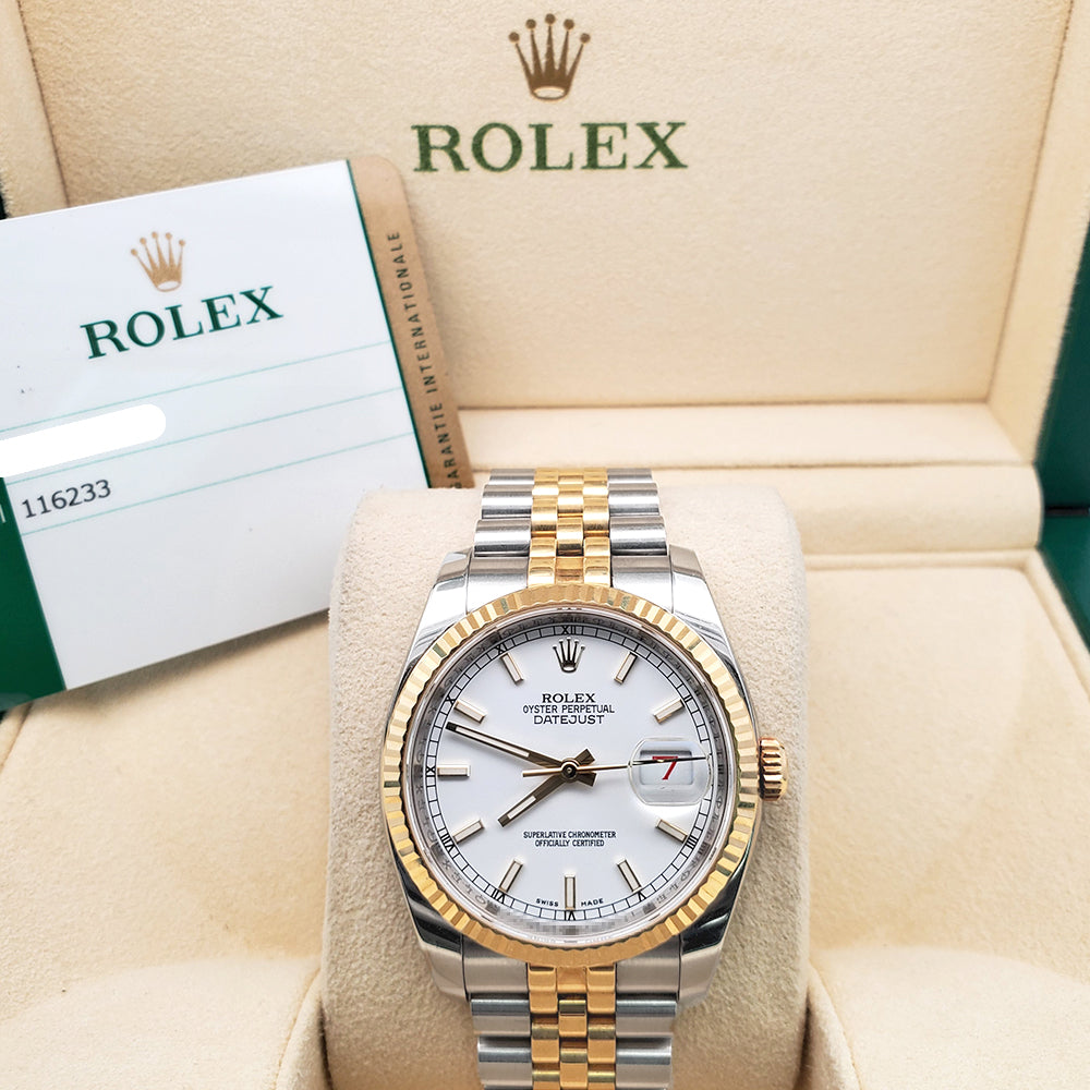 Rolex Datejust 36mm 116233 White Index 2-tone Yellow Gold/Steel Jubilee Watch Box Papers