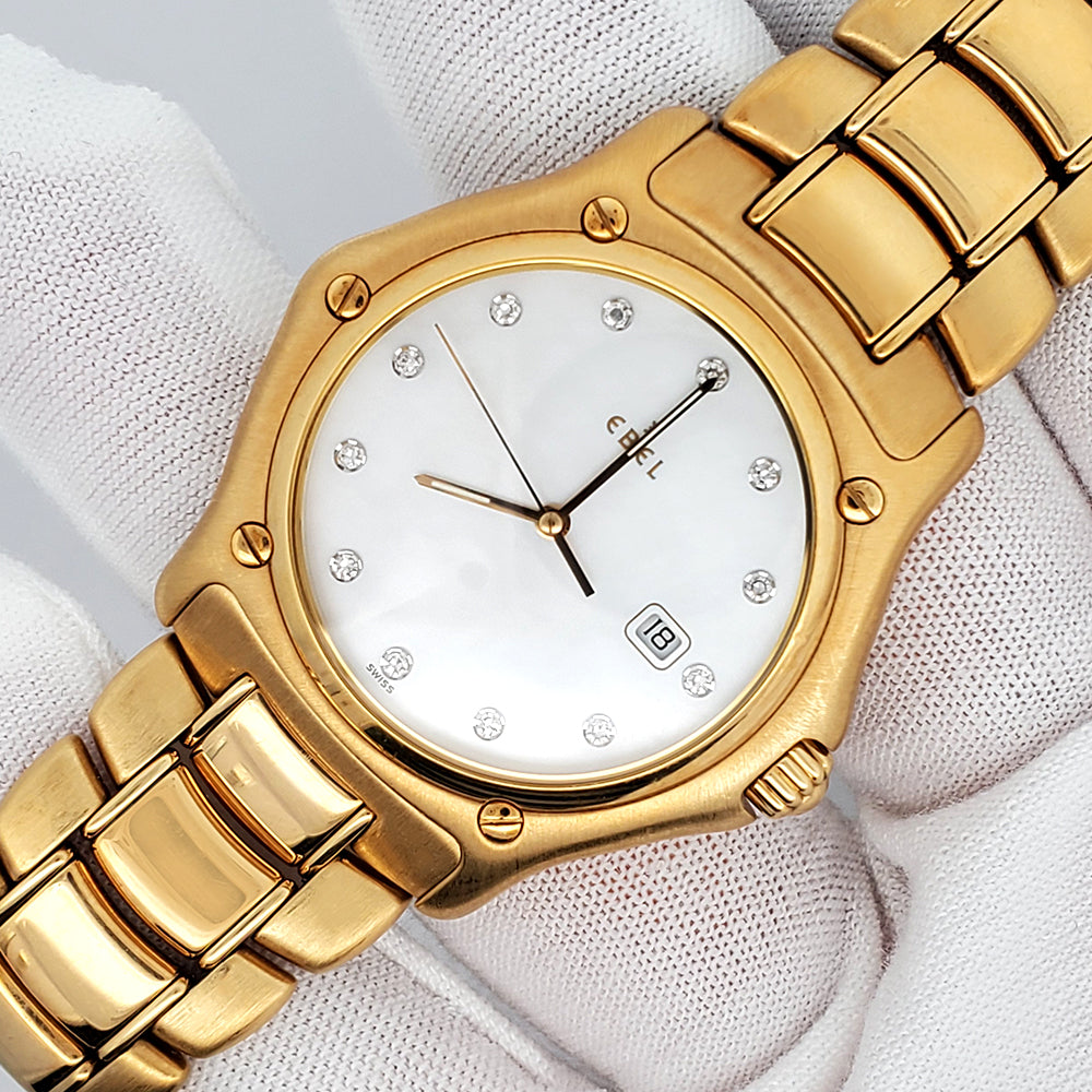 Ebel Factory White Mother of Pearl Diamond Dial 18k Yellow Gold Quartz 1911 37mm Watch 887902