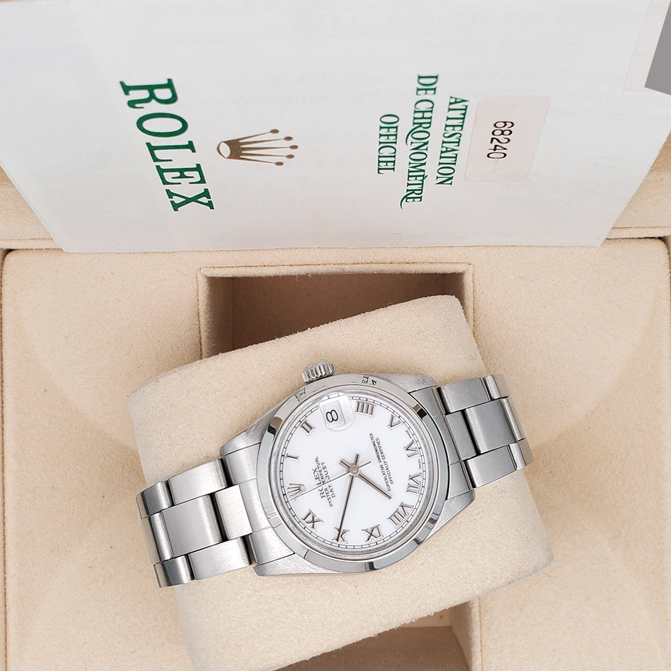 Rolex Datejust 31mm White Roman Dial Smooth Bezel Steel Watch 68240 Box Papers