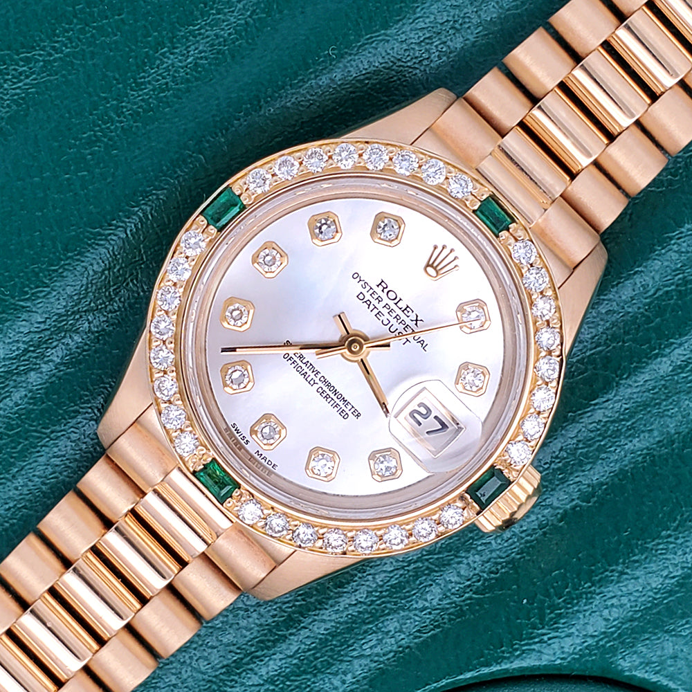 Rolex President Ladies 26mm Factory Diamond MOP Dial Yellow Gold Watch Custom Diamond Bezel 69178