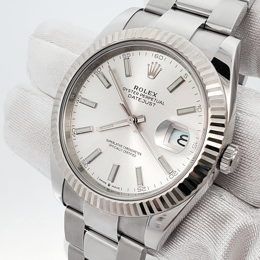 2024 Unworn Rolex Datejust 41 Silver Index White Gold Fluted Bezel  Oyster Watch 126334 Box Papers