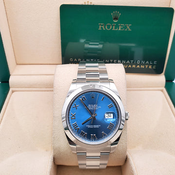 Unworn Rolex Datejust 41 126300 Blue Roman Dial Stainless Steel Oyster Watch 2023 Box Papers