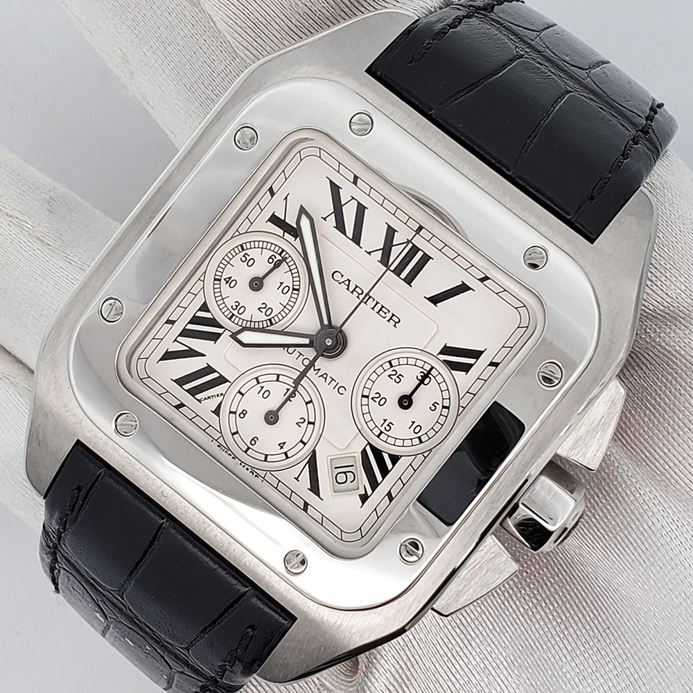 Mint Cartier Santos 100 XL Chronograph White Roman Dial Steel Watch W20090X8 2740 Box Booklet