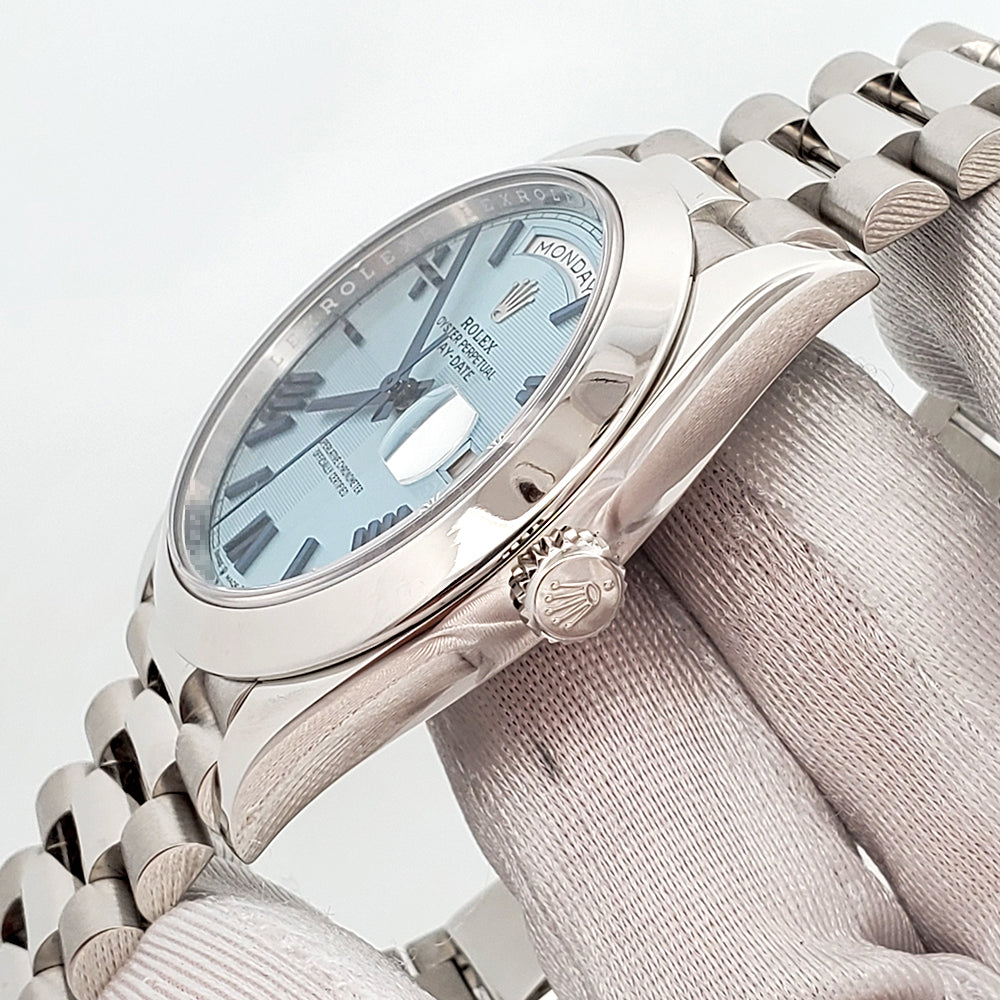 2020 Rolex President Day-Date Ice Blue Quadrant Motif Roman Dial Platinum 40mm Watch 228206 Box Papers