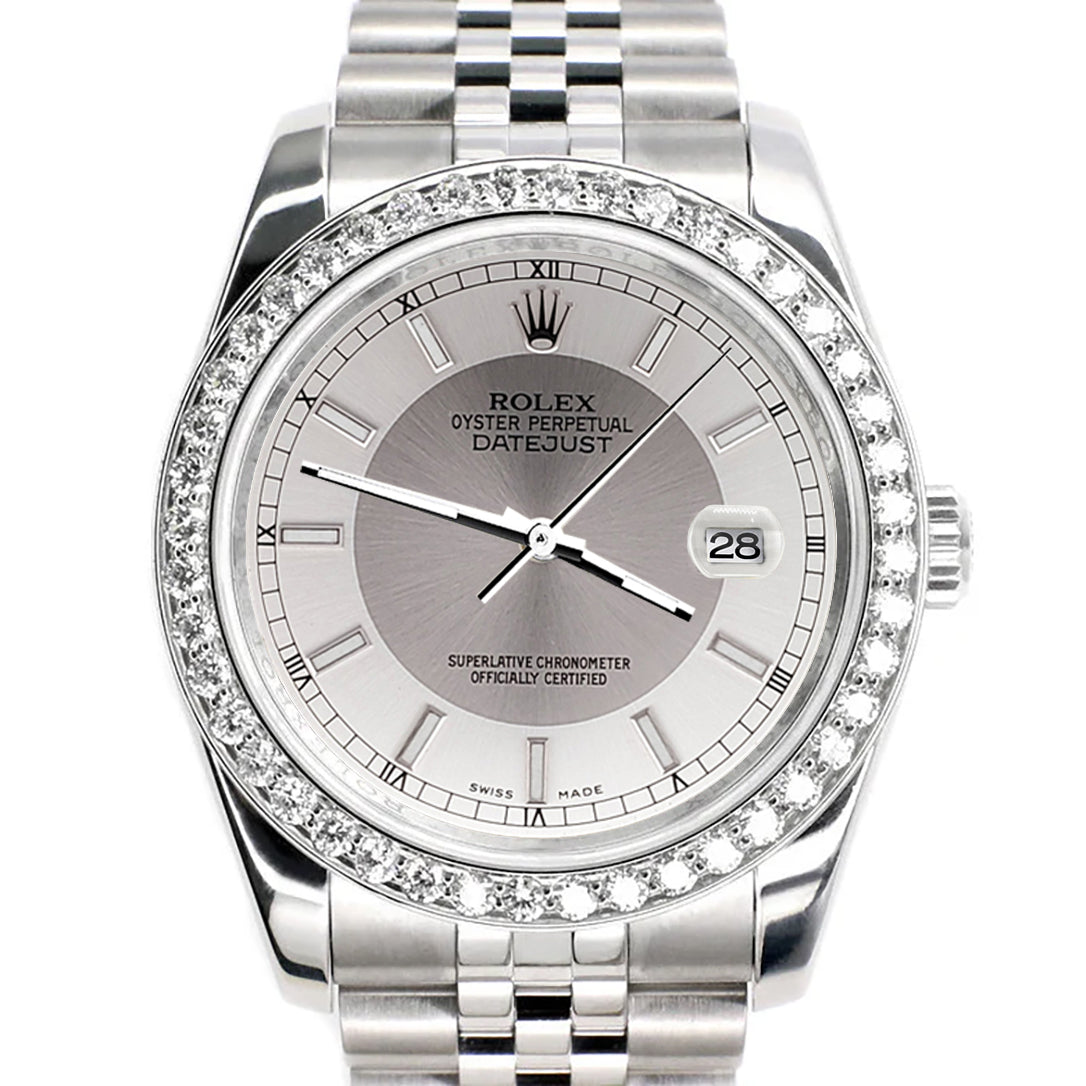 Rolex Datejust 36MM Silver Tuxedo Dial Steel Jubilee Watch with 1.85CT Custom Diamond Bezel 116200