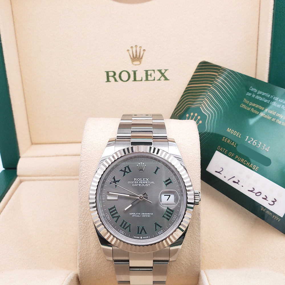 2023 Rolex Datejust 41 126334 Wimbledon Slate Roman Dial Steel Oyster Watch Box Papers