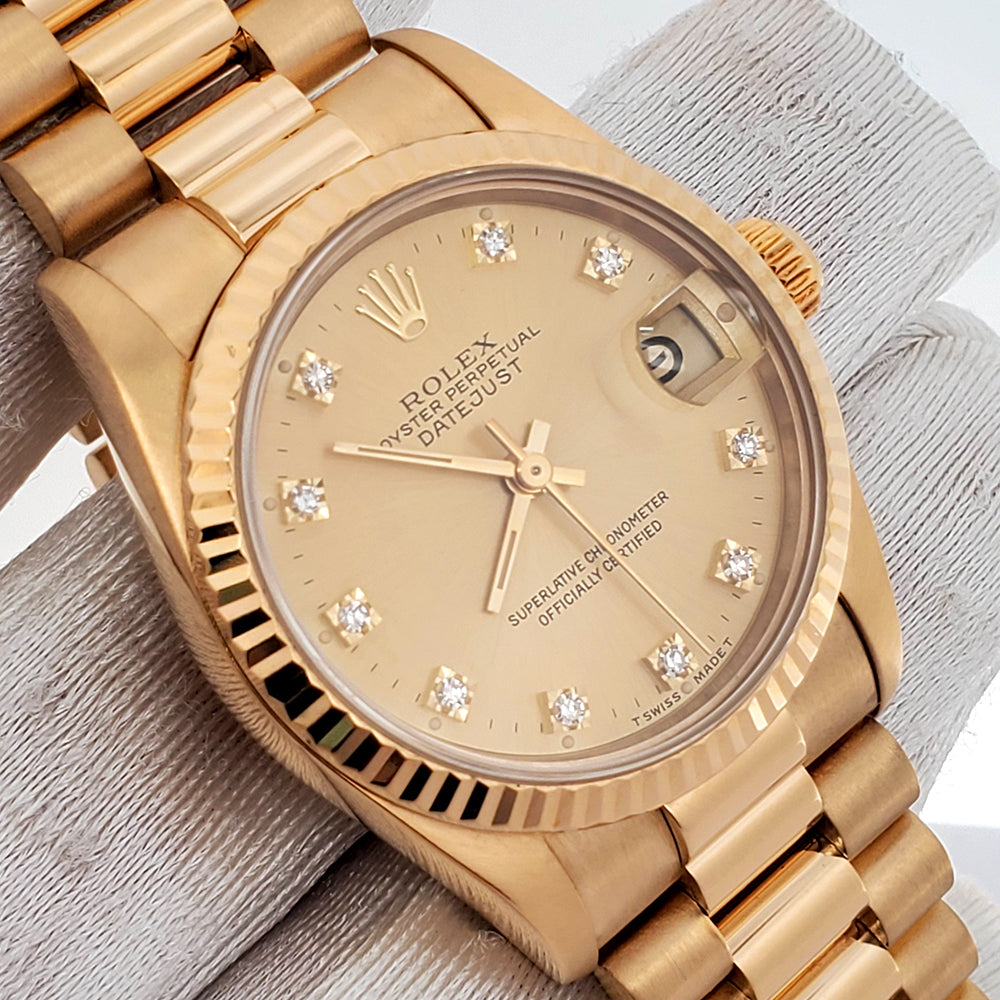 Rolex President Datejust 31mm Factory Champagne Diamond Yellow Gold midsize Watch 68278 Box Papers