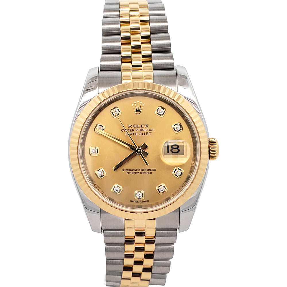 2010 Rolex Datejust Factory Champagne Diamond Dial 2-tone Yellow Gold/Steel Jubilee 36mm Watch 116233