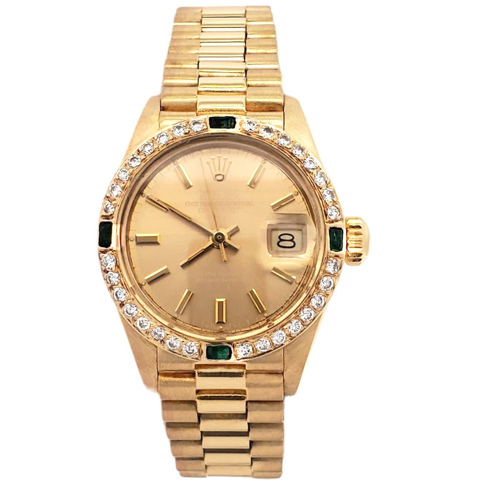Rolex President Ladies Champagne Index Yellow Gold 26mm Watch Custom Diamond Bezel 6917