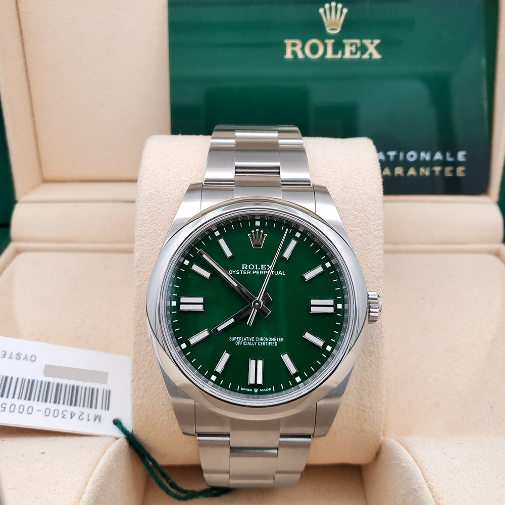 Unworn Rolex Oyster Perpetual 41mm 124300 Green Index Dial Steeel Watch 2023 Box Papers