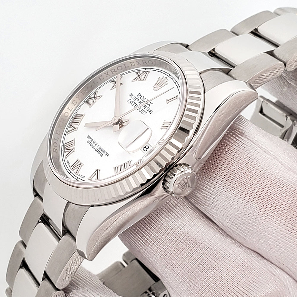 Rolex Datejust 36mm White Roman Dial White Gold Fluted Bezel Steel Oyster Watch 116234 Box Papers
