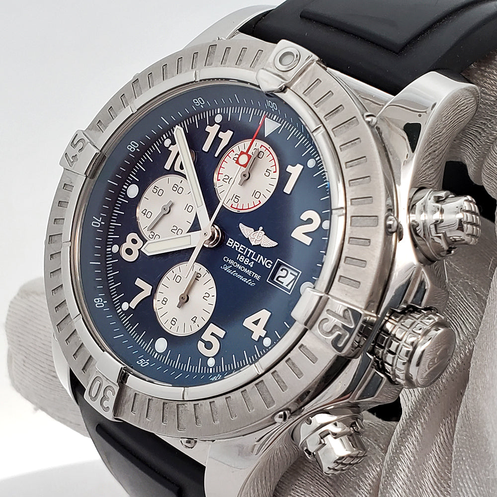 Breitling Super Avenger 49mm Chronograph Blue Dial Stainless Rubber Watch A13370 Papers