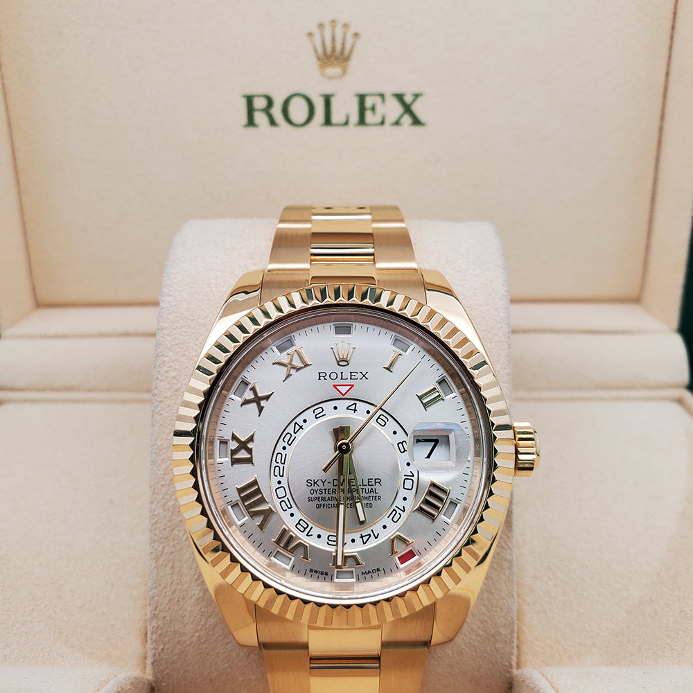 Rolex Sky-Dweller Yellow Gold 326938 Silver Sunray Roman Dial 42mm Oyster Watch