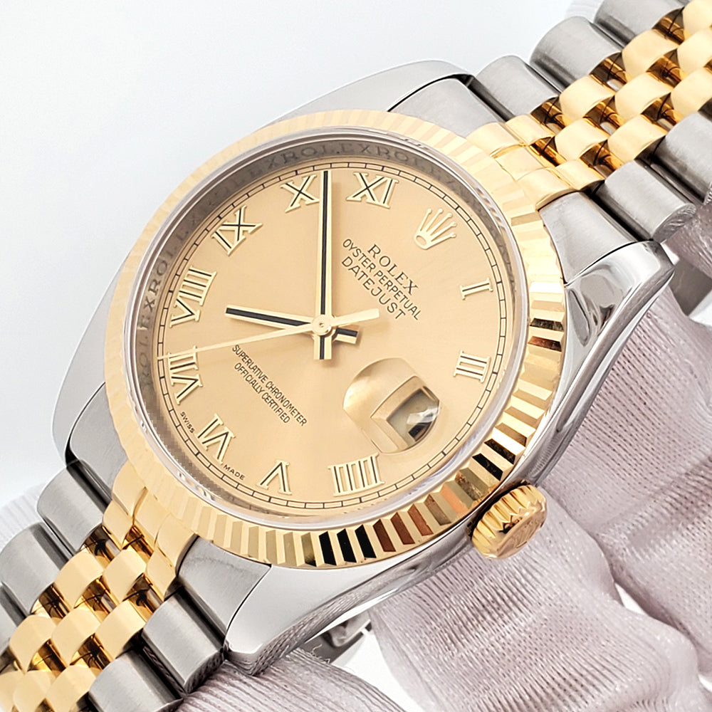2011 Rolex Datejust 116233 2-Tone Champagne Roman Dial Jubilee 36mm Watch Box Papers