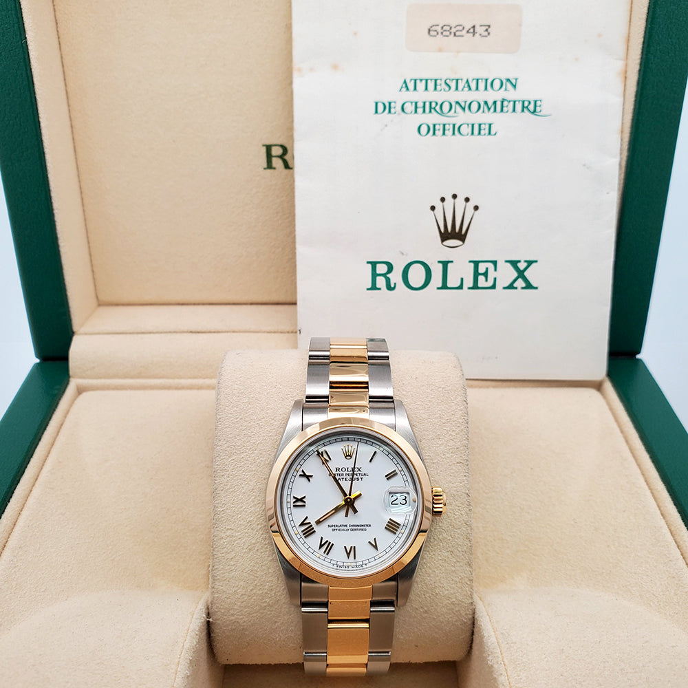 Rolex Datejust 31mm 2-tone White Roman Dial Oyster Watch 68243 Box Papers