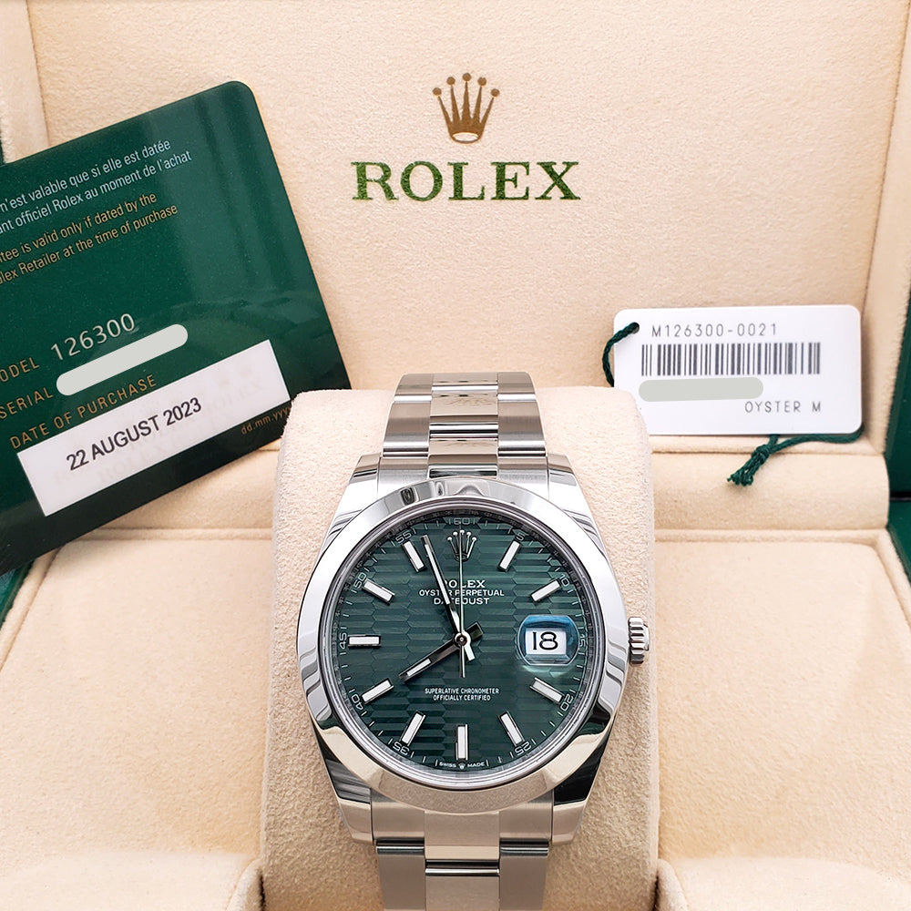 2023 Unworn Green Motif Rolex Datejust 41 Steel Oyster Watch 126300 Box/Papers/Tag