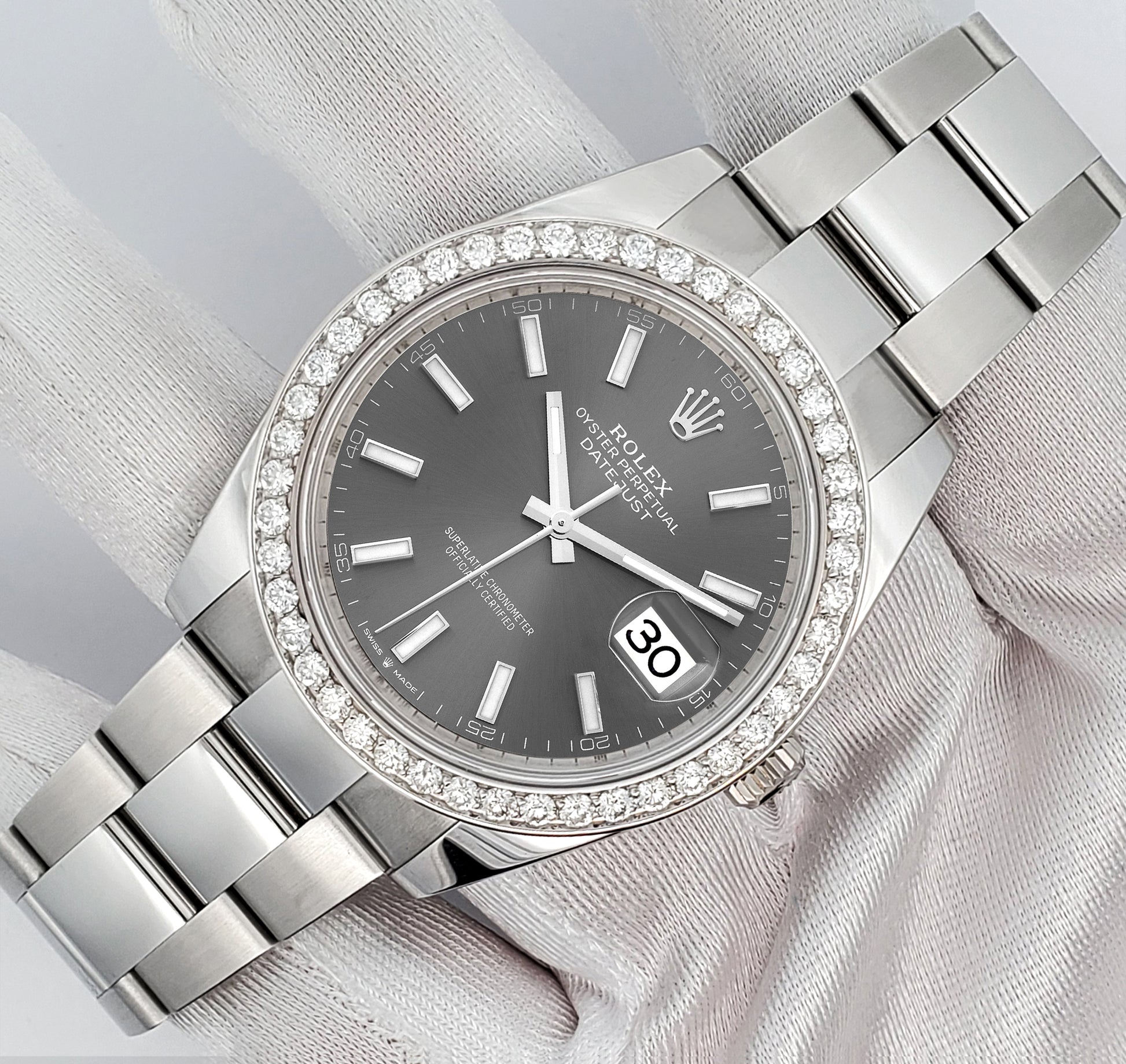 Rolex Datejust 41 126300 Grey Index 2.4CT Diamond Bezel Steel Oyster Watch Box Papers