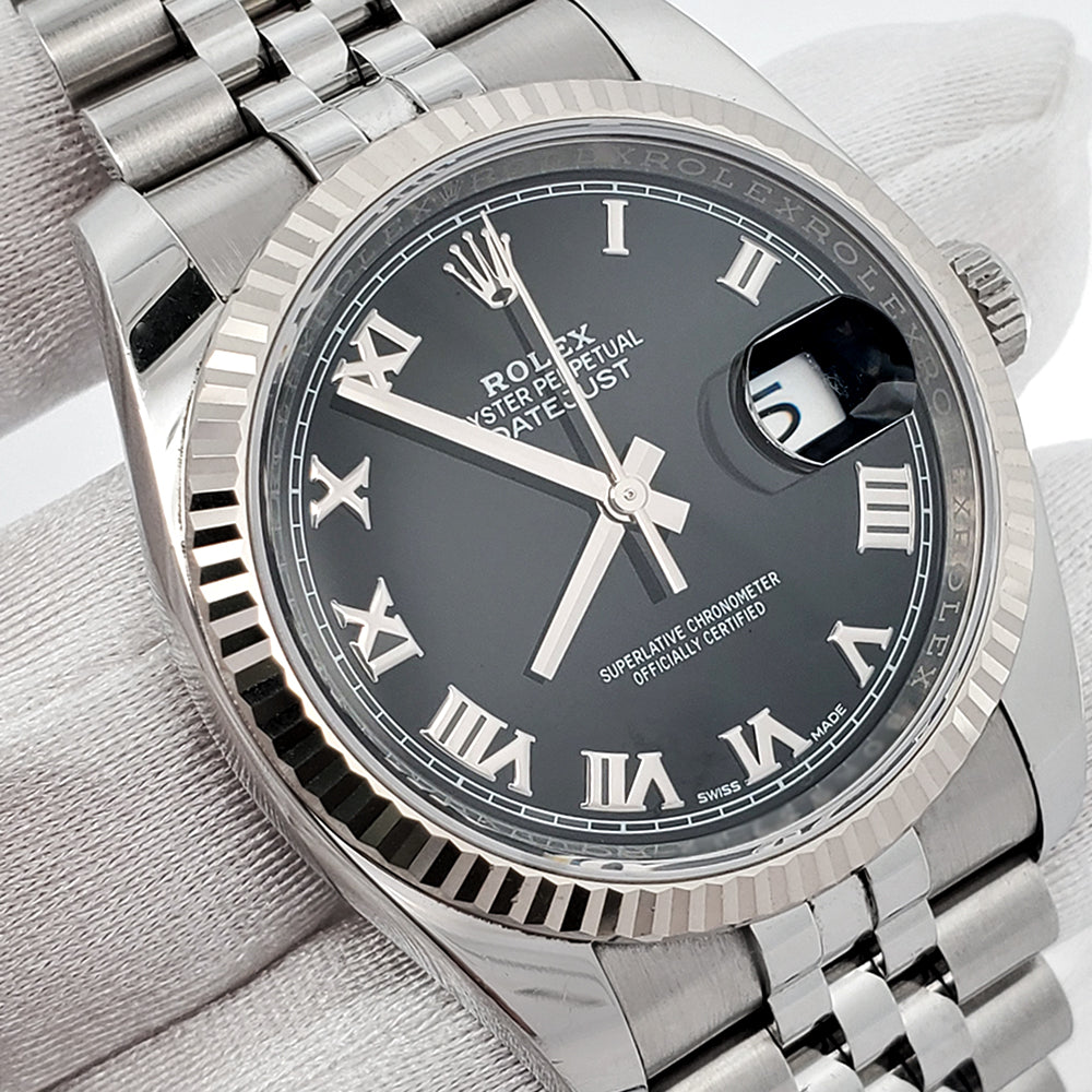 Rolex Datejust 36mm Black Roman White Gold Fluted Bezel Steel Jubilee Watch 116234 Box Papers