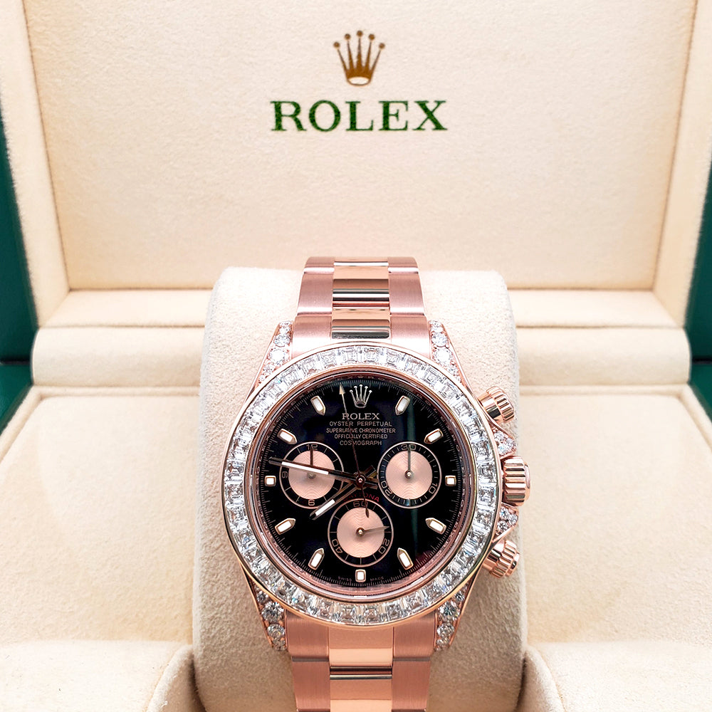 Rolex Cosmograph Daytona 8.5ct VS Princess Diamond Bezel/Lugs Rose Gold 40mm Watch 116505