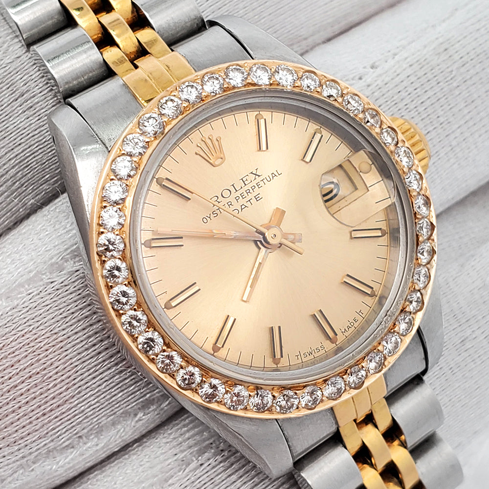 Rolex Datejust 26mm 69173 Champagne Index/Custom Diamond Bezel 2-Tone Jubilee Watch
