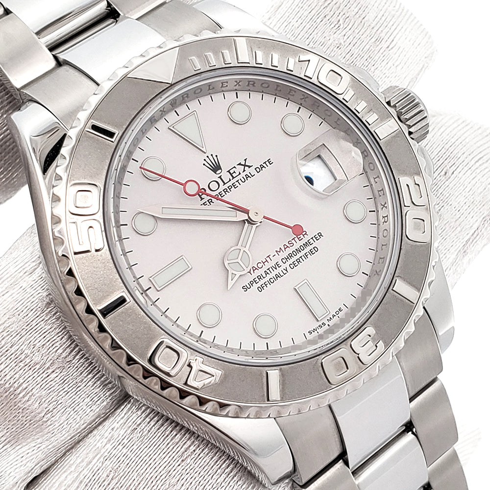 Rolex Yacht-Master 40mm Platinum Bezel Silver Dial Oyster Steel Watch 16622 Box Papers