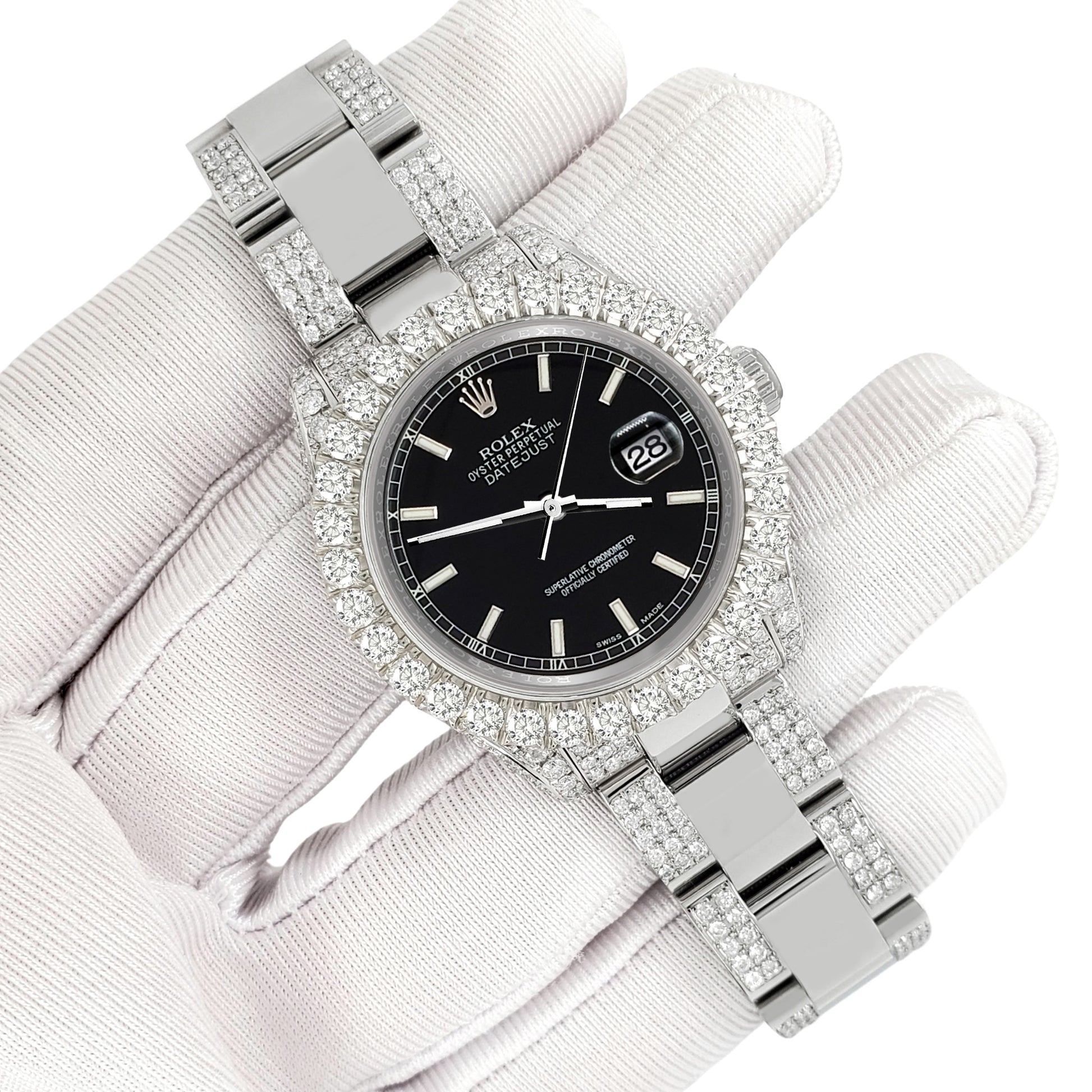 Rolex Datejust 31mm Black Index Dial Pave 7.2ct Iced Diamond Watch 178240