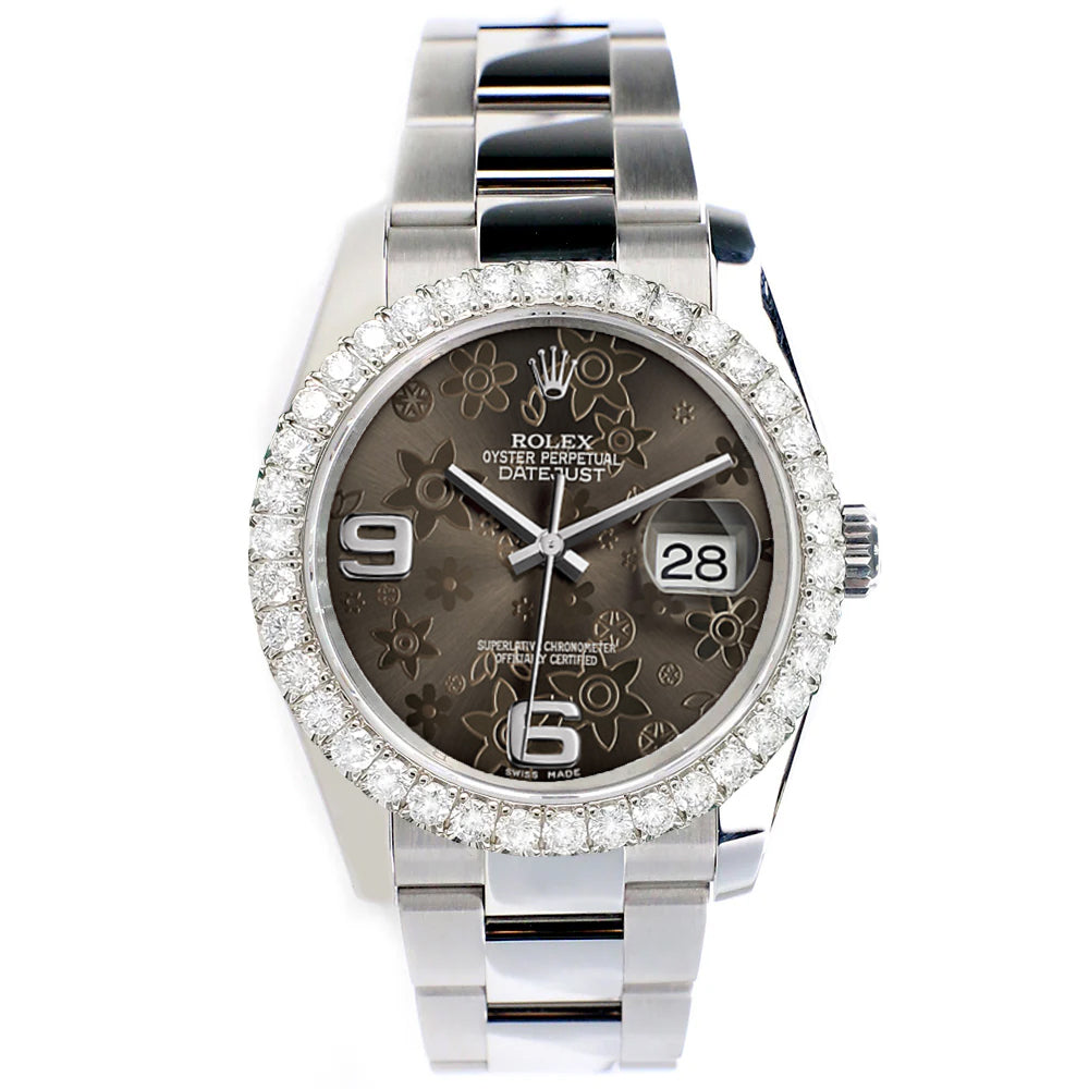 Rolex Datejust 116200 36mm 2.7ct Diamond Bezel/ Rhodium Floral Dial Steel Oyster Watch