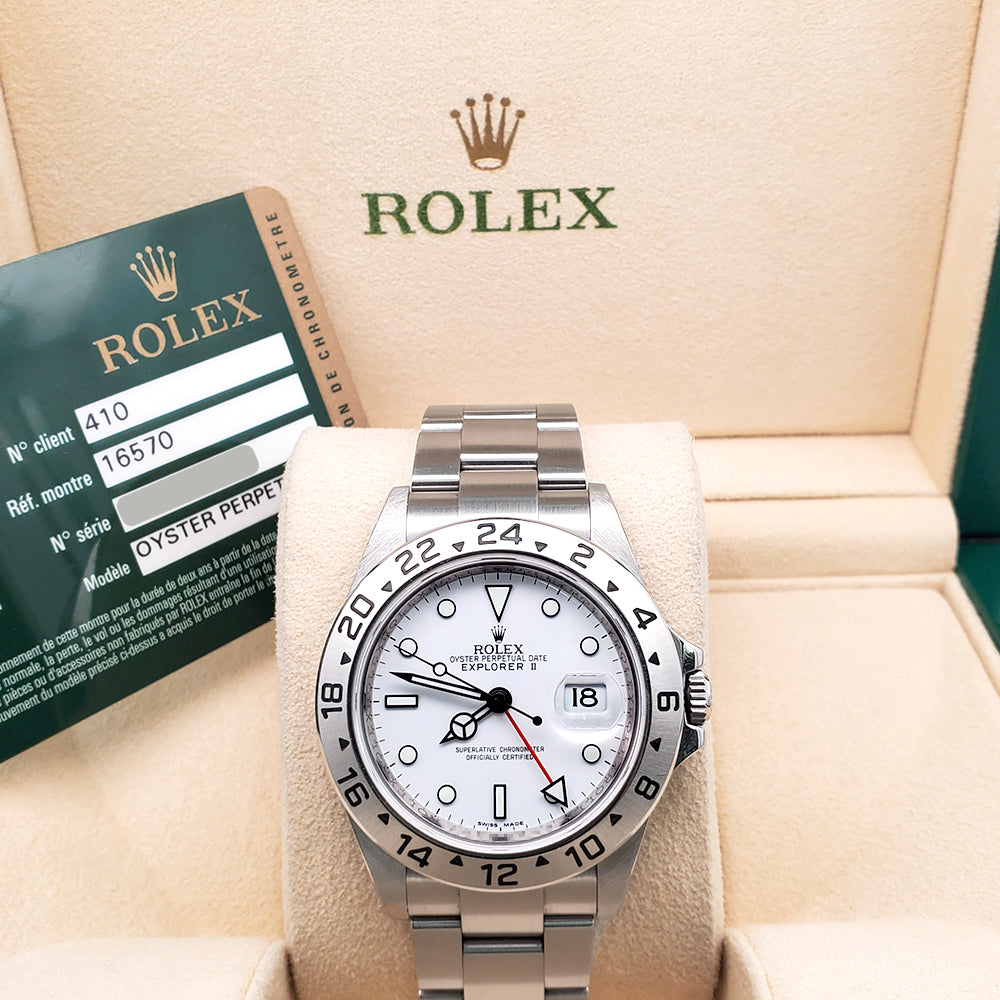 Unpolished 2011 3186 Rolex Explorer II 40mm Engraved Rehaut Polar White Steel Watch 16570 Box Papers