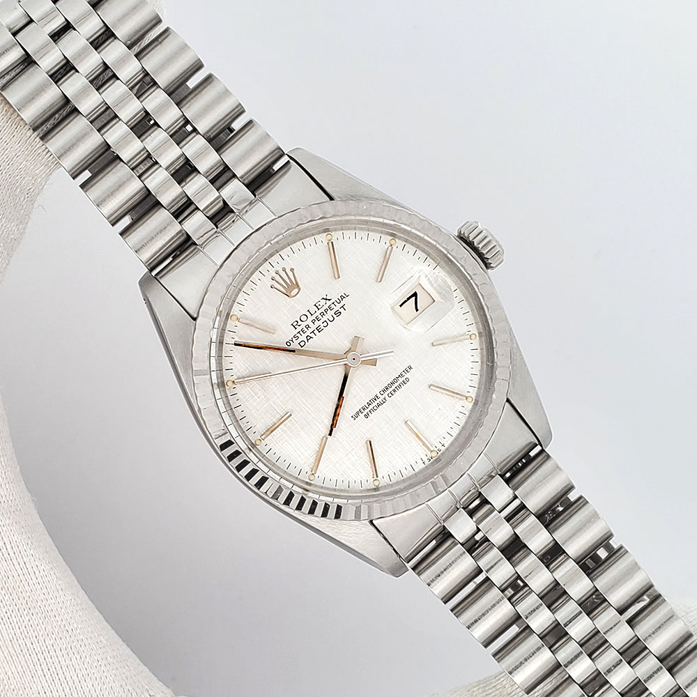 Rolex Datejust 36mm Silver Linen Index Dial White Gold Fluted Bezel Steel Jubilee Watch 16014