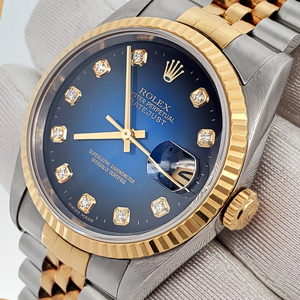 Rolex Datejust 36mm Factory Blue Vignette Diamond Yellow Gold/Steel Watch 16233