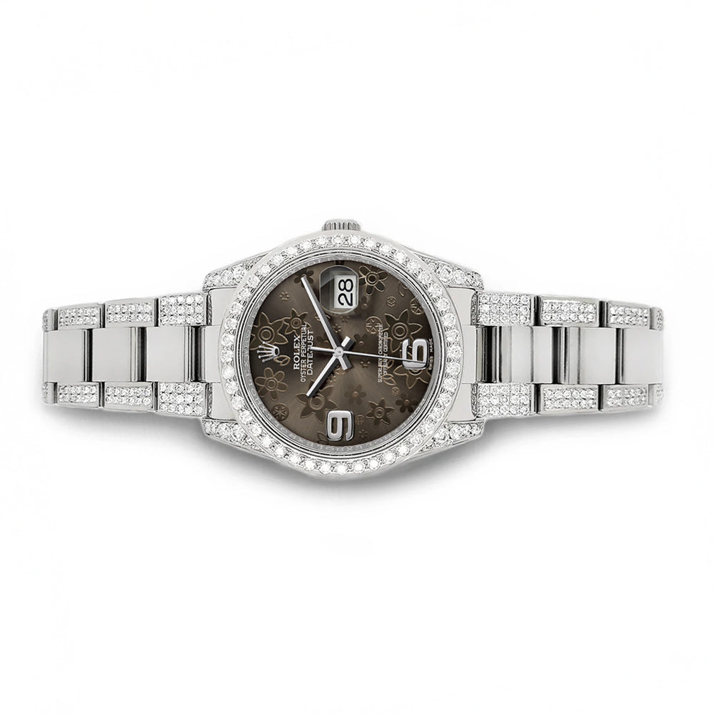 Rolex Datejust 36mm 5.9ct Diamond Bezel/Lugs/Bracelet/Rhodium Floral Dial Steel Watch 116200 Box Papers