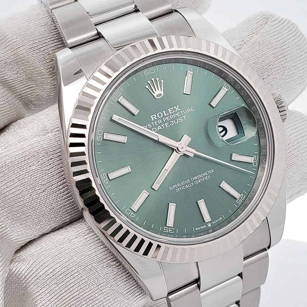 2023 Unworn Rolex Datejust 41 Mint Green White Gold Fluted Bezel Steel Oyster Watch 126334 Box Papers